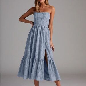 Azazie Delphina Dusty Blue A-Line Strapless Floral Burnout Convertible Dress NWT